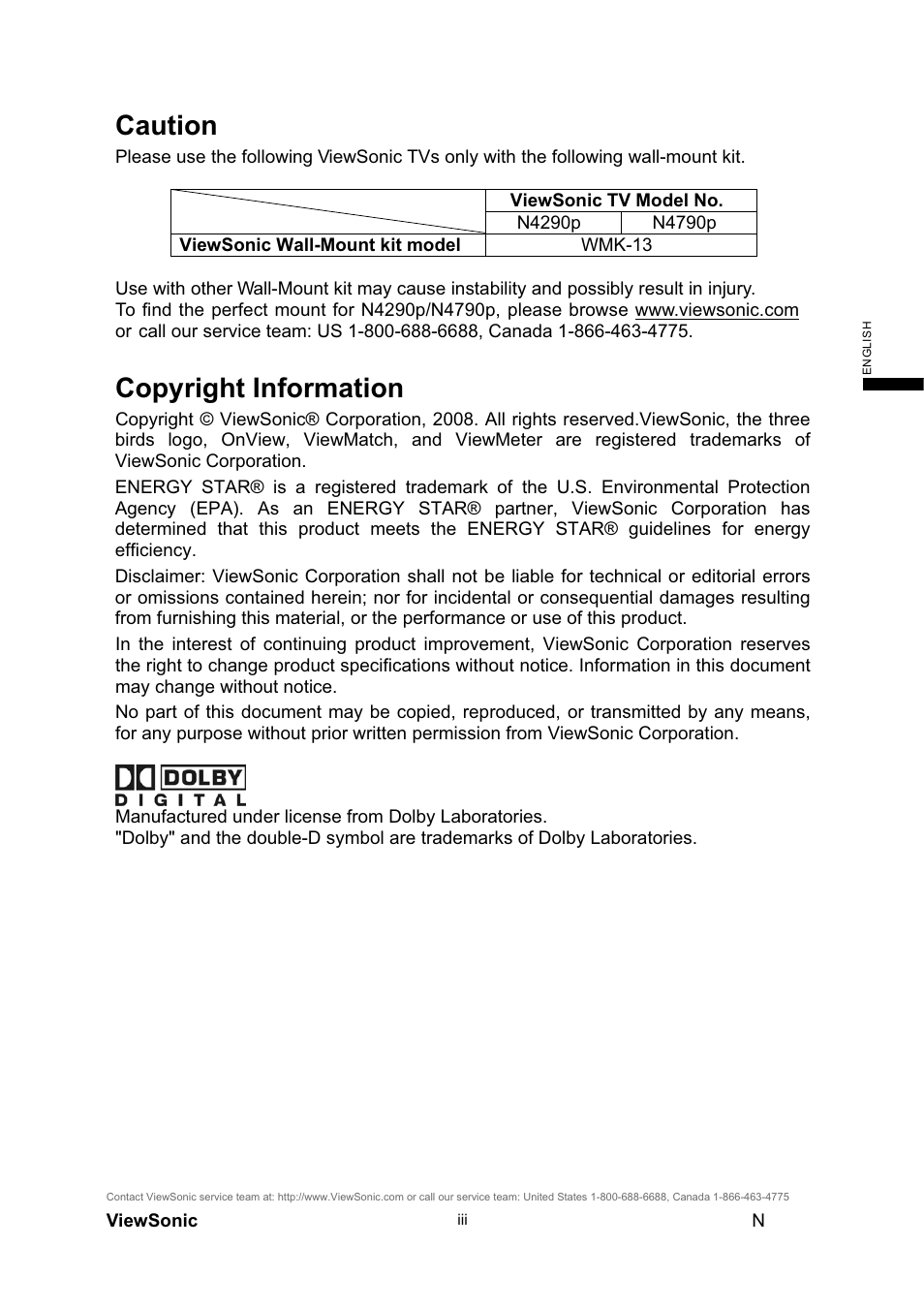 Caution, Copyright information | VIEWSONIC N4290p User Manual | Page 4 / 42