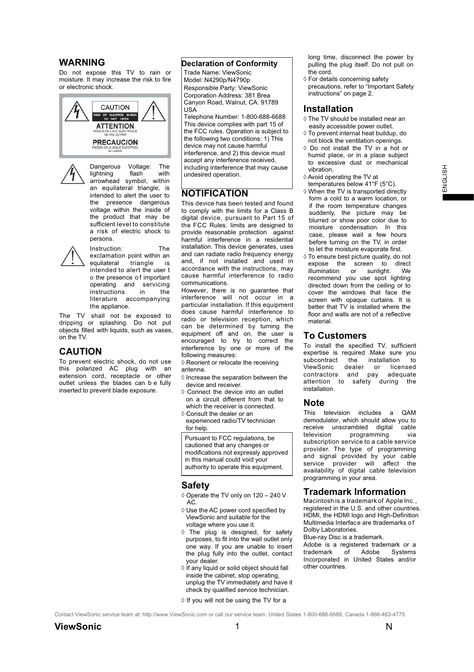 Warning, Caution, Notification | Safety, Installation, Trademark information | VIEWSONIC N4290p User Manual | Page 8 / 42