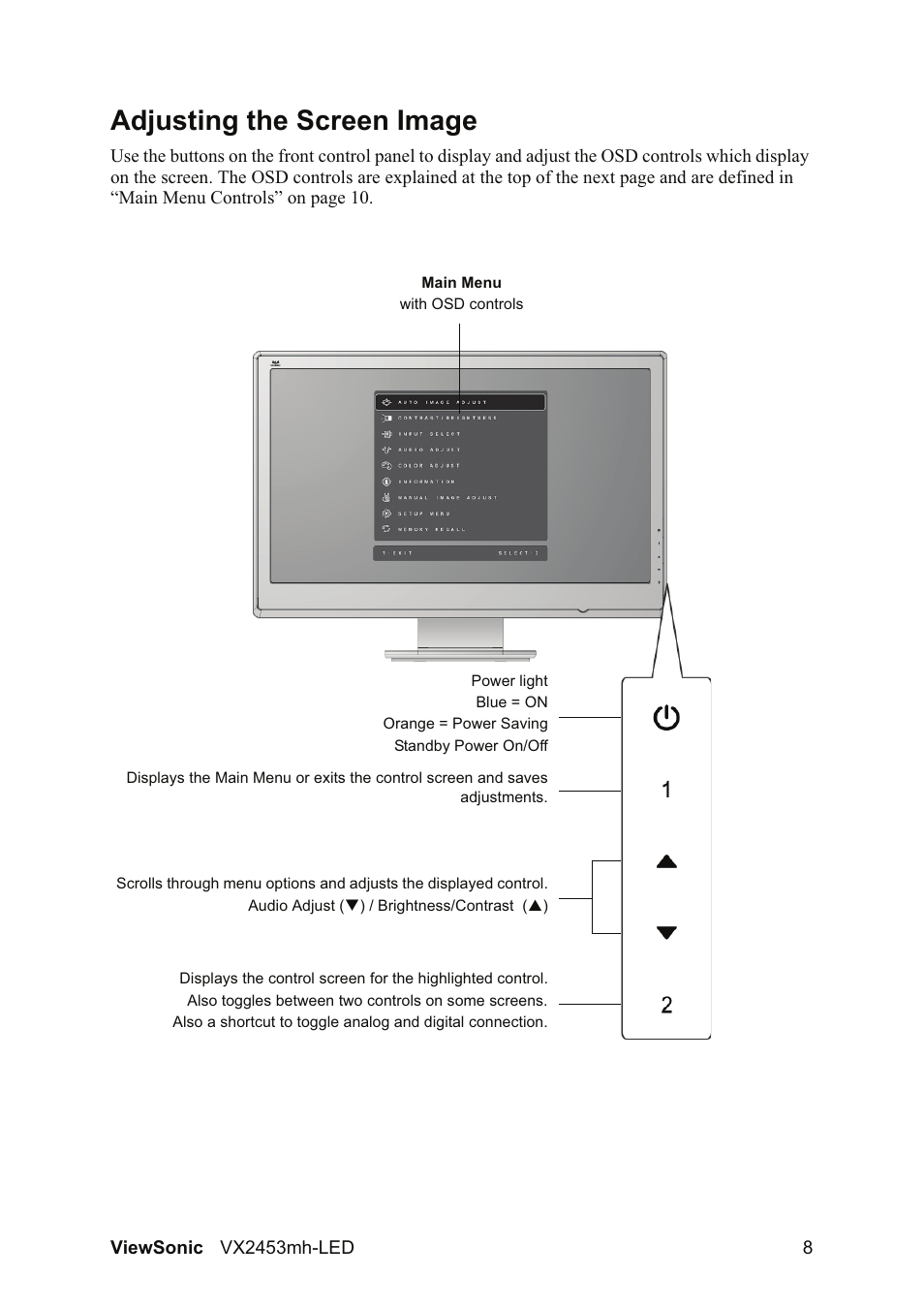 Adjusting the screen image | VIEWSONIC VX2453mh-LED User Manual | Page 10 / 25