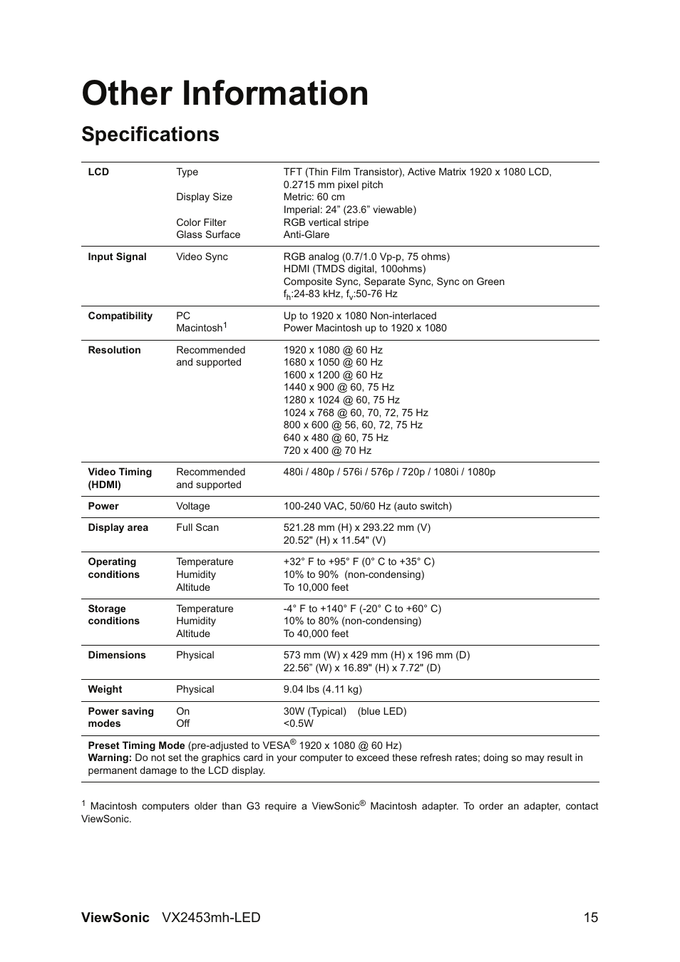 Other information, Specifications | VIEWSONIC VX2453mh-LED User Manual | Page 17 / 25