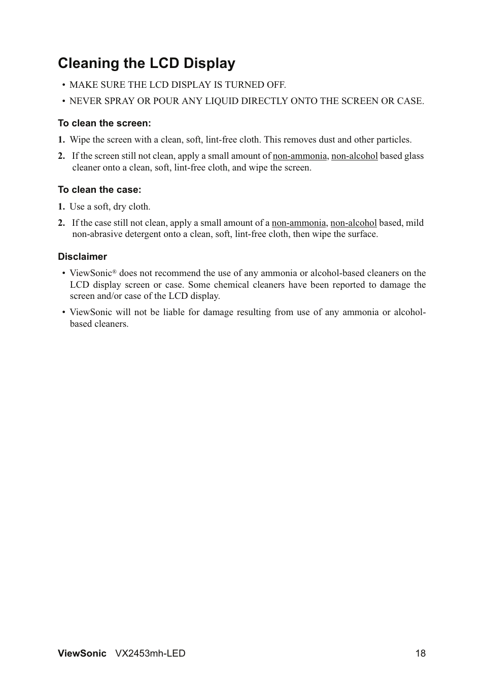 Cleaning the lcd display | VIEWSONIC VX2453mh-LED User Manual | Page 20 / 25