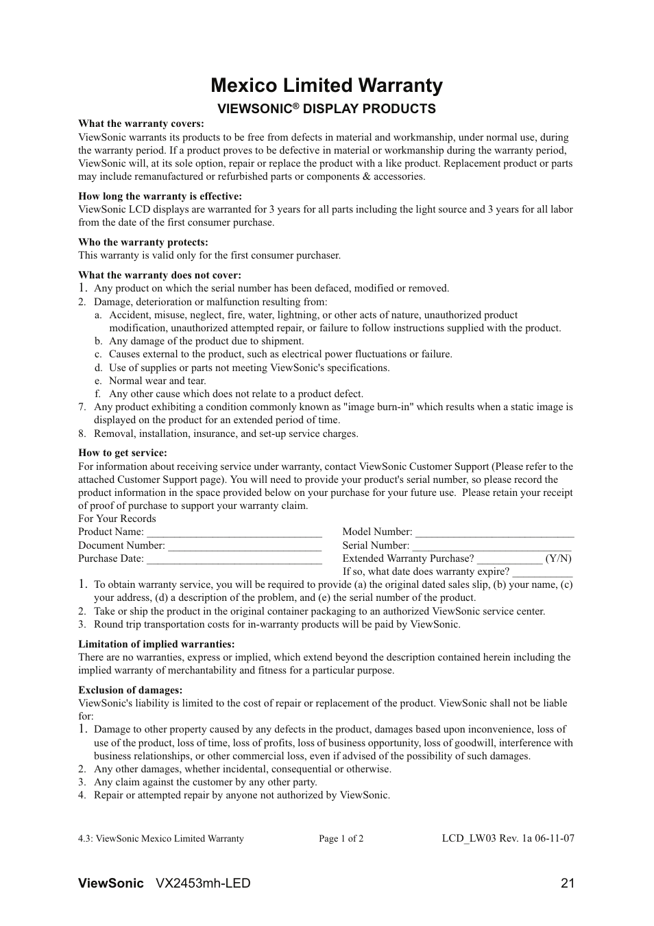 Mexico limited warranty | VIEWSONIC VX2453mh-LED User Manual | Page 23 / 25