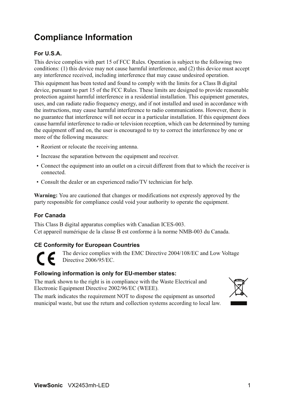 Compliance information | VIEWSONIC VX2453mh-LED User Manual | Page 3 / 25