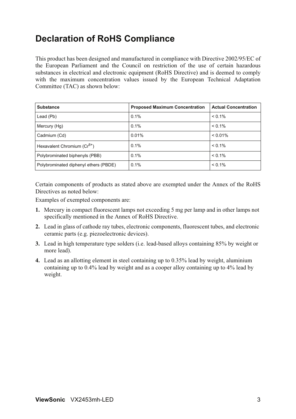 Declaration of rohs compliance | VIEWSONIC VX2453mh-LED User Manual | Page 5 / 25