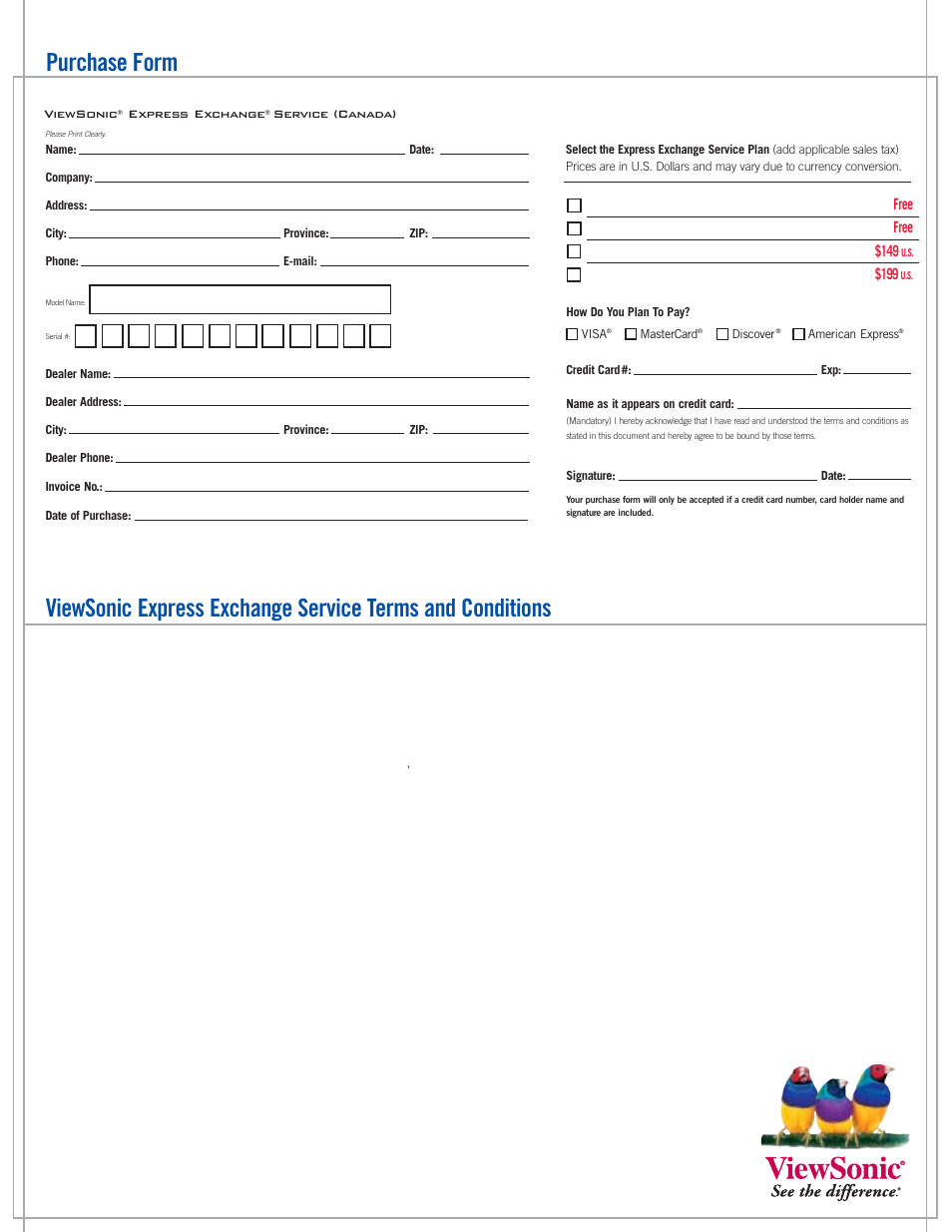 Purchase form | VIEWSONIC PJ501 User Manual | Page 2 / 2