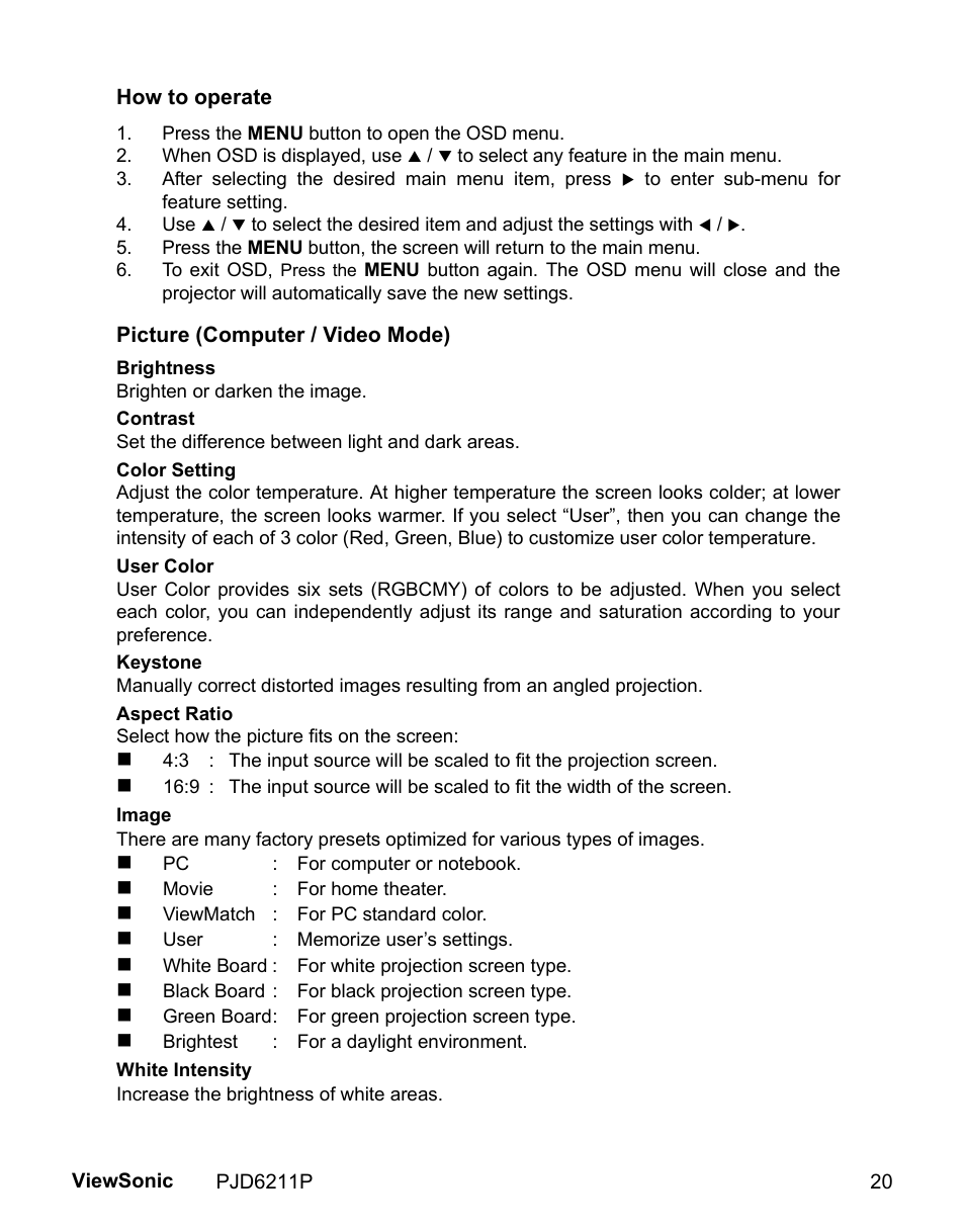 Press the menu button to open the osd menu | VIEWSONIC VS13729 User Manual | Page 22 / 42