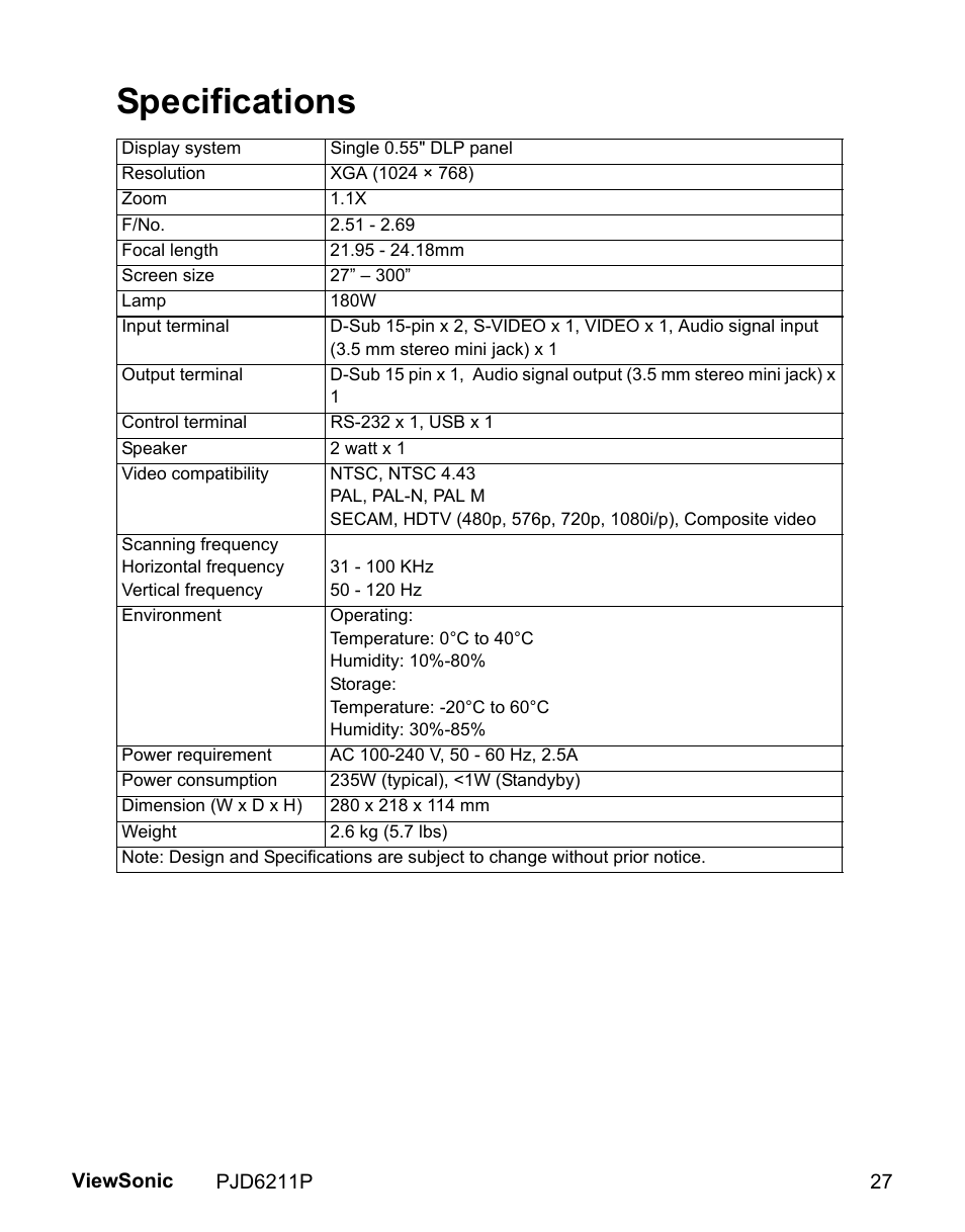 Specifications | VIEWSONIC VS13729 User Manual | Page 29 / 42