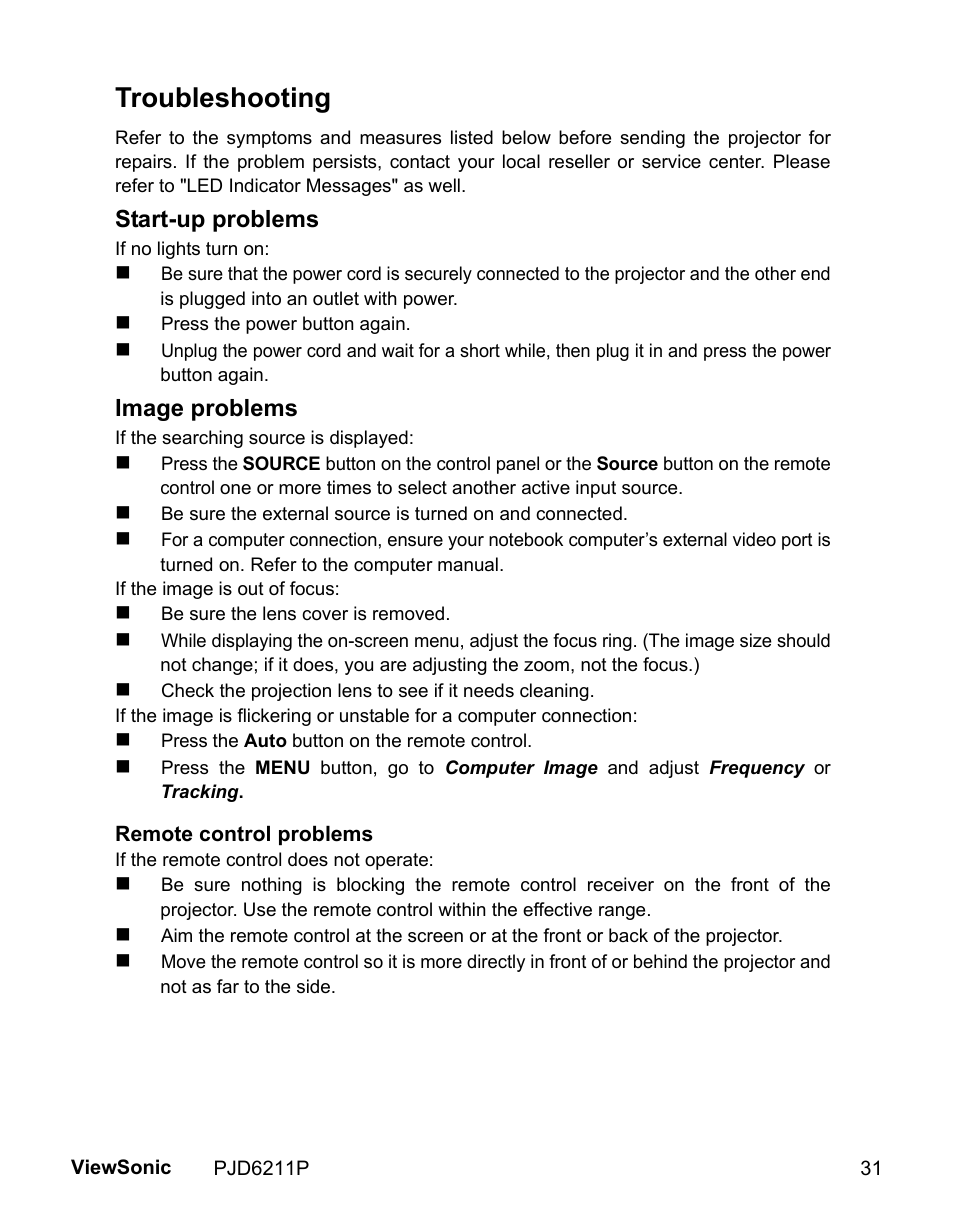 Troubleshooting, Start-up problems, Image problems | VIEWSONIC VS13729 User Manual | Page 33 / 42