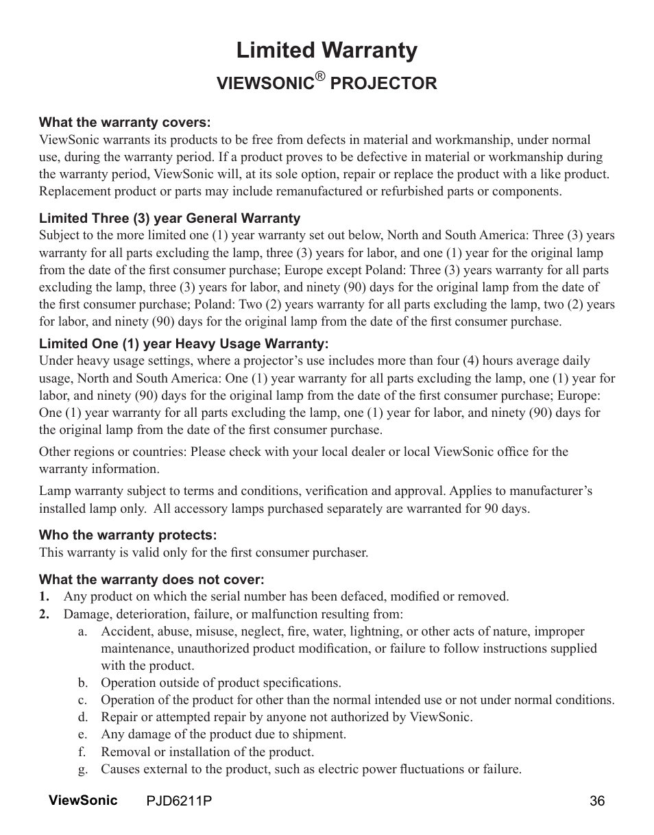Limited warranty, Viewsonic, Projector | VIEWSONIC VS13729 User Manual | Page 38 / 42