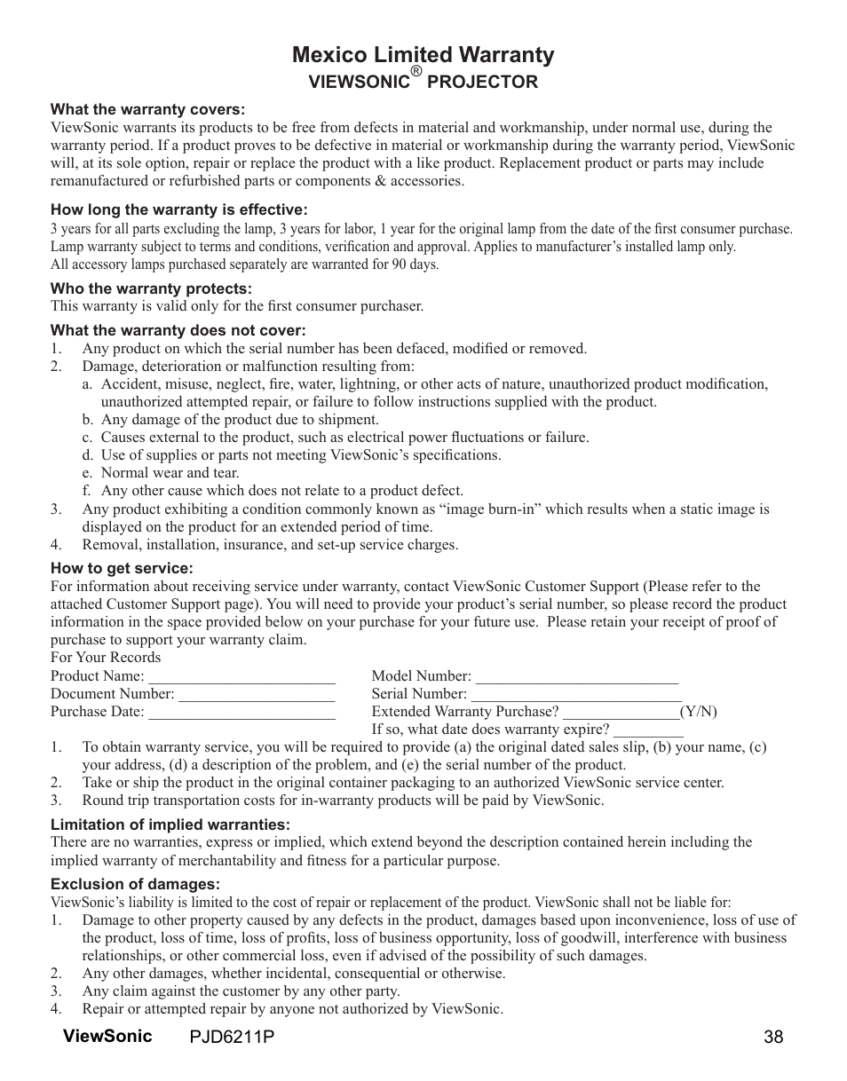 Mexico limited warranty | VIEWSONIC VS13729 User Manual | Page 40 / 42