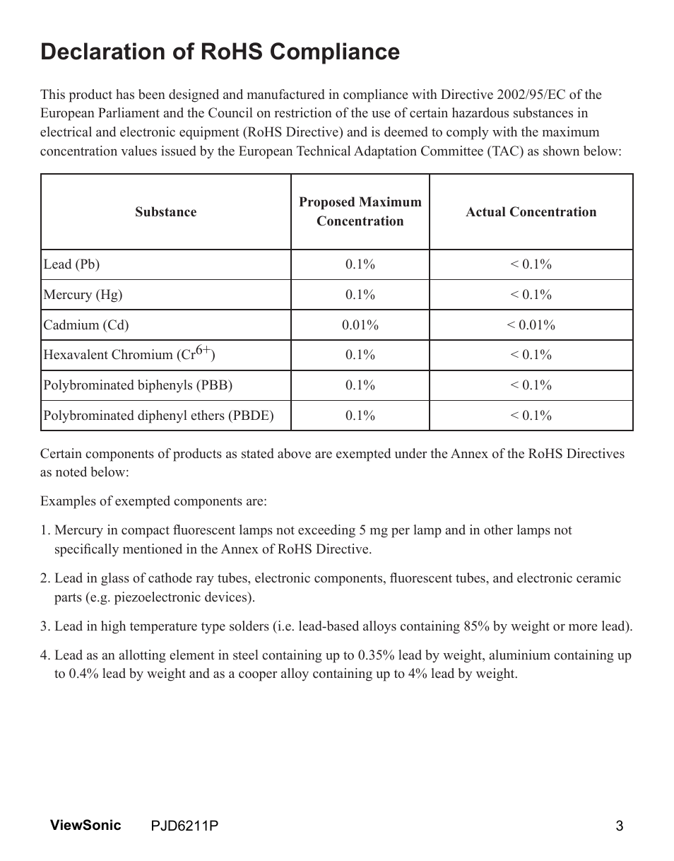 Declaration of rohs compliance | VIEWSONIC VS13729 User Manual | Page 5 / 42