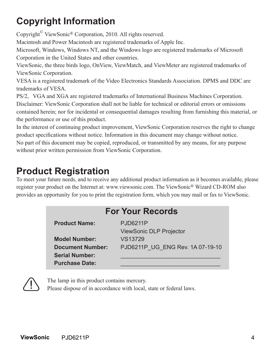 Copyright information, Product registration, For your records | VIEWSONIC VS13729 User Manual | Page 6 / 42