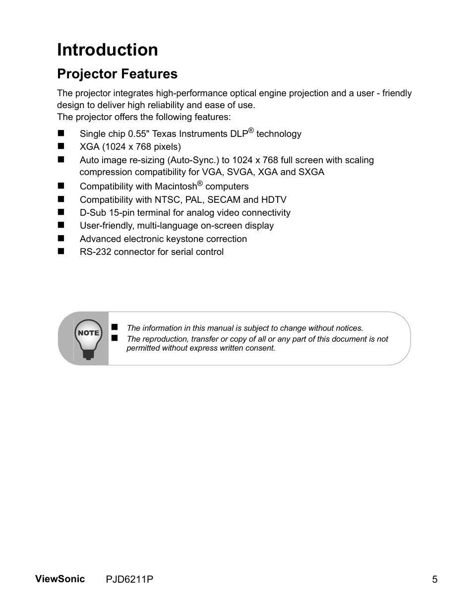 Introduction, Projector features | VIEWSONIC VS13729 User Manual | Page 7 / 42