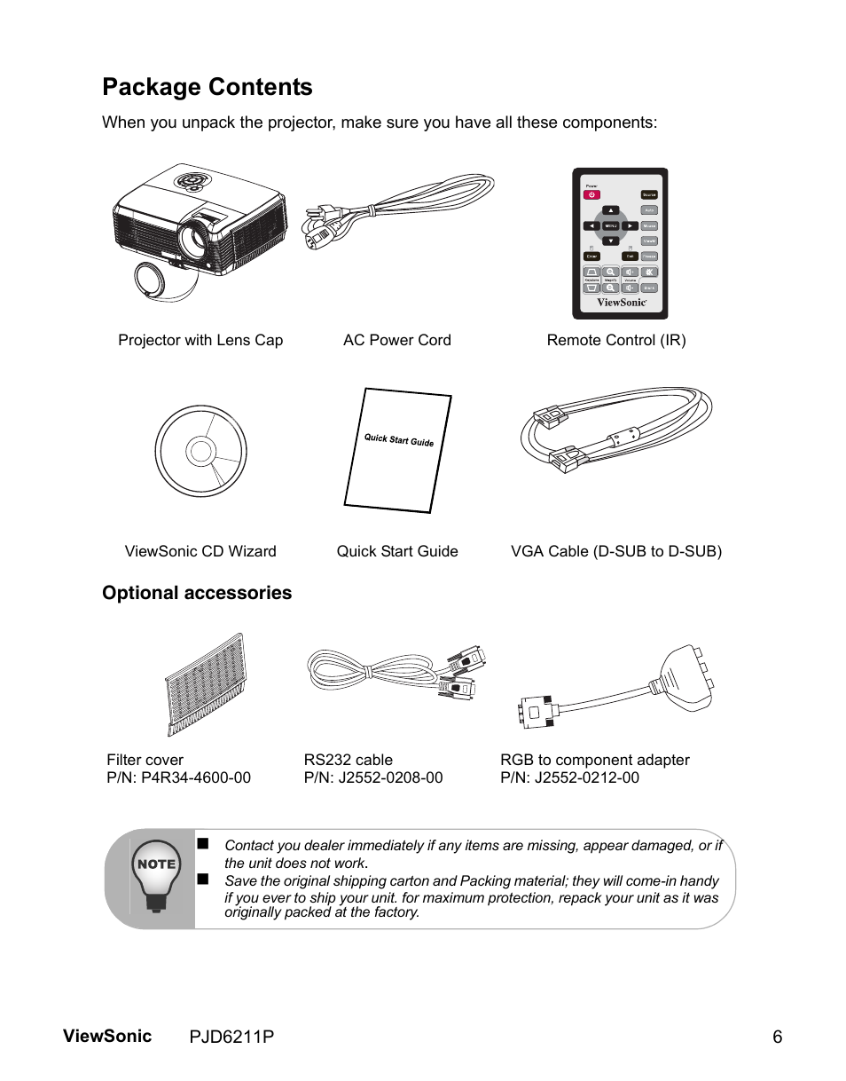 Package contents, Projector with lens cap, Ac power cord | Vga cable (d-sub to d-sub) | VIEWSONIC VS13729 User Manual | Page 8 / 42