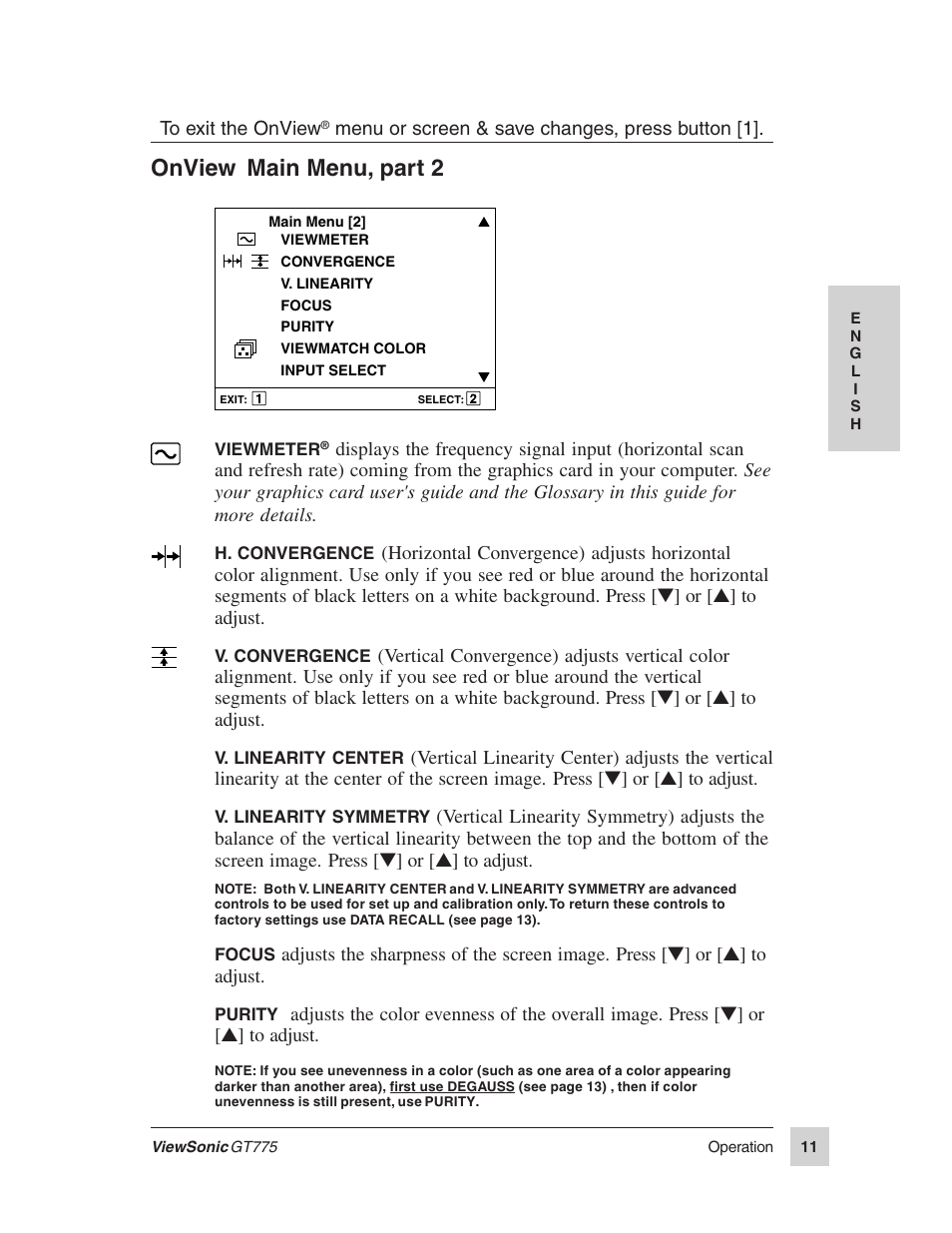 Onview, Main menu, part 2 | VIEWSONIC GT775 User Manual | Page 11 / 22