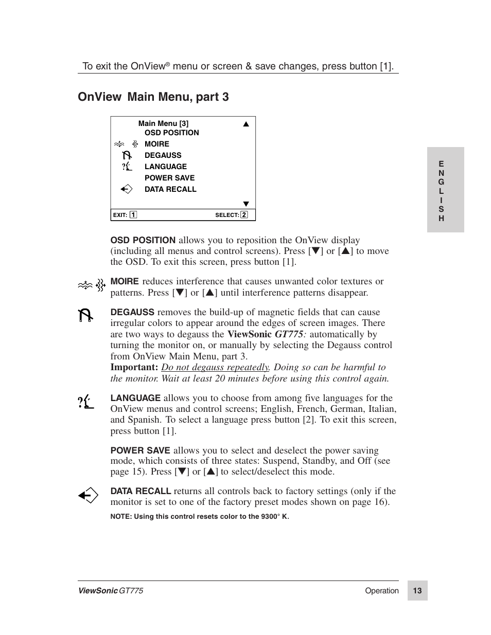 Onview, Main menu, part 3 | VIEWSONIC GT775 User Manual | Page 13 / 22