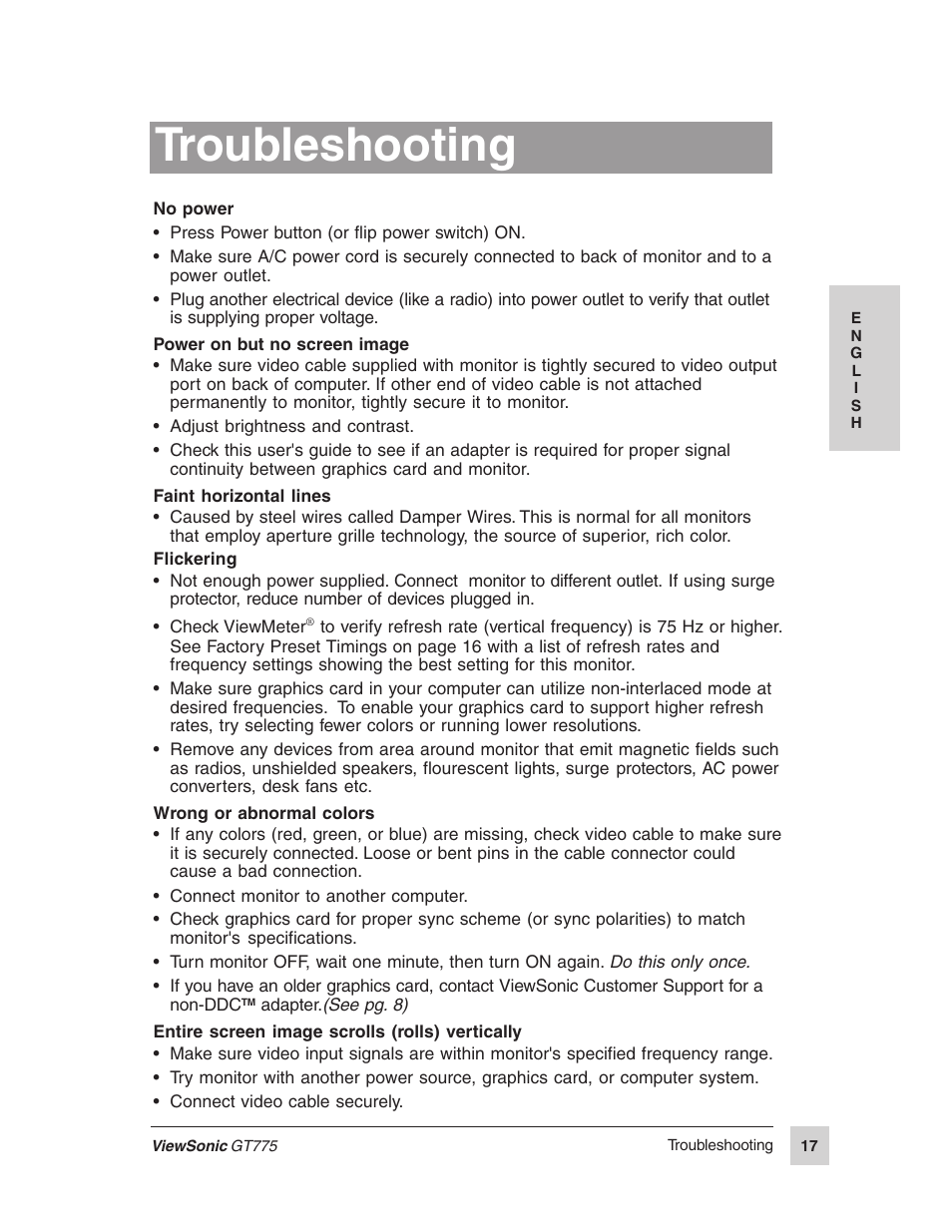 Troubleshooting | VIEWSONIC GT775 User Manual | Page 17 / 22