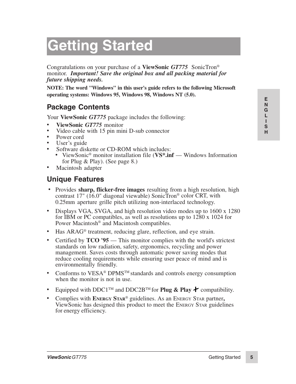 Getting started, Package contents, Unique features | VIEWSONIC GT775 User Manual | Page 5 / 22
