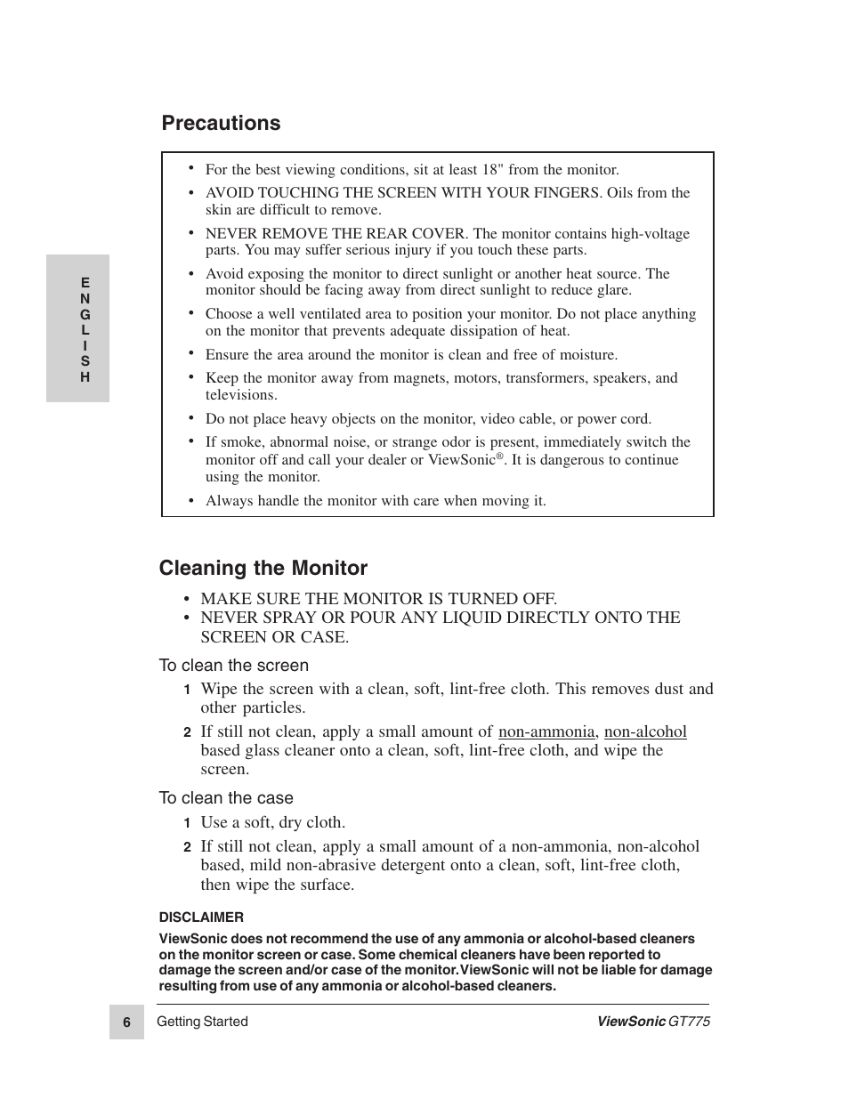 Cleaning the monitor, Precautions | VIEWSONIC GT775 User Manual | Page 6 / 22