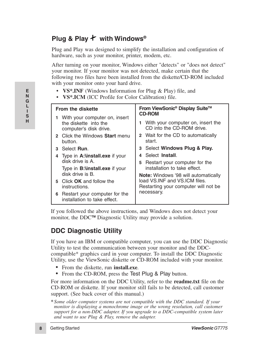 Plug & play with windows, Ddc diagnostic utility | VIEWSONIC GT775 User Manual | Page 8 / 22