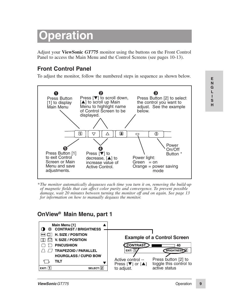 Operation, Front control panel, Onview | Main menu, part 1 | VIEWSONIC GT775 User Manual | Page 9 / 22