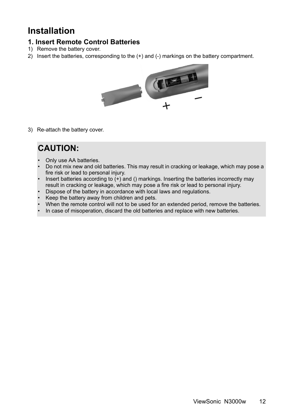 Installation, Caution | VIEWSONIC N3000w User Manual | Page 13 / 34