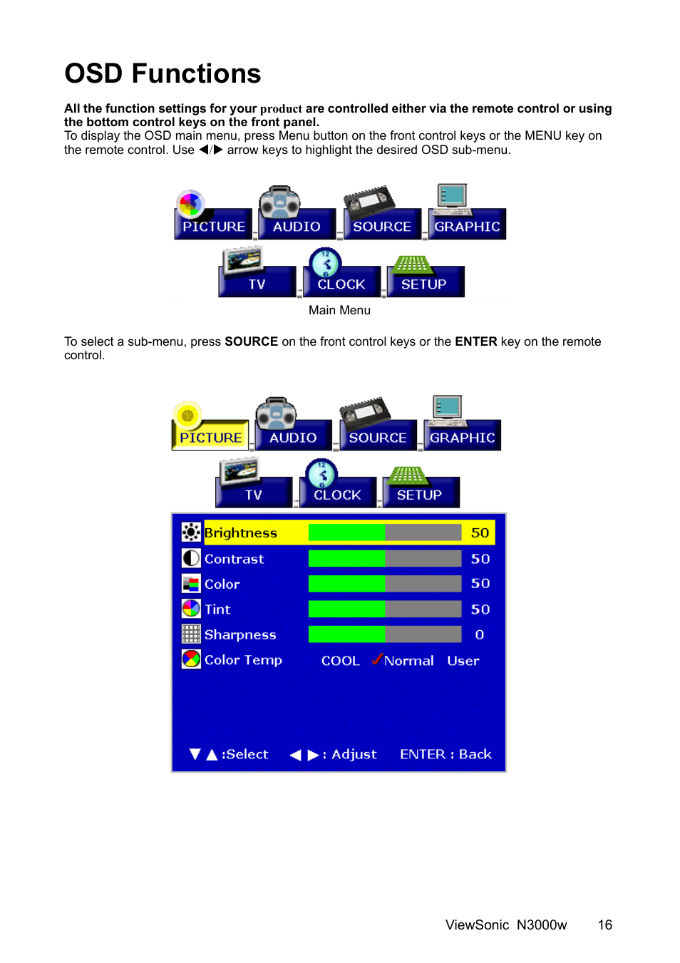 Osd functions | VIEWSONIC N3000w User Manual | Page 17 / 34