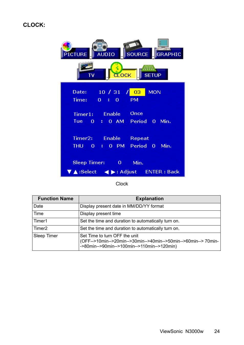 Clock | VIEWSONIC N3000w User Manual | Page 25 / 34