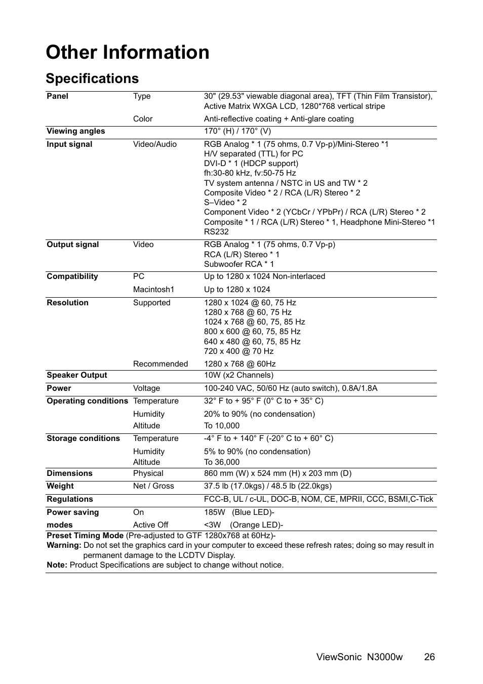 Other information, Specifications | VIEWSONIC N3000w User Manual | Page 27 / 34