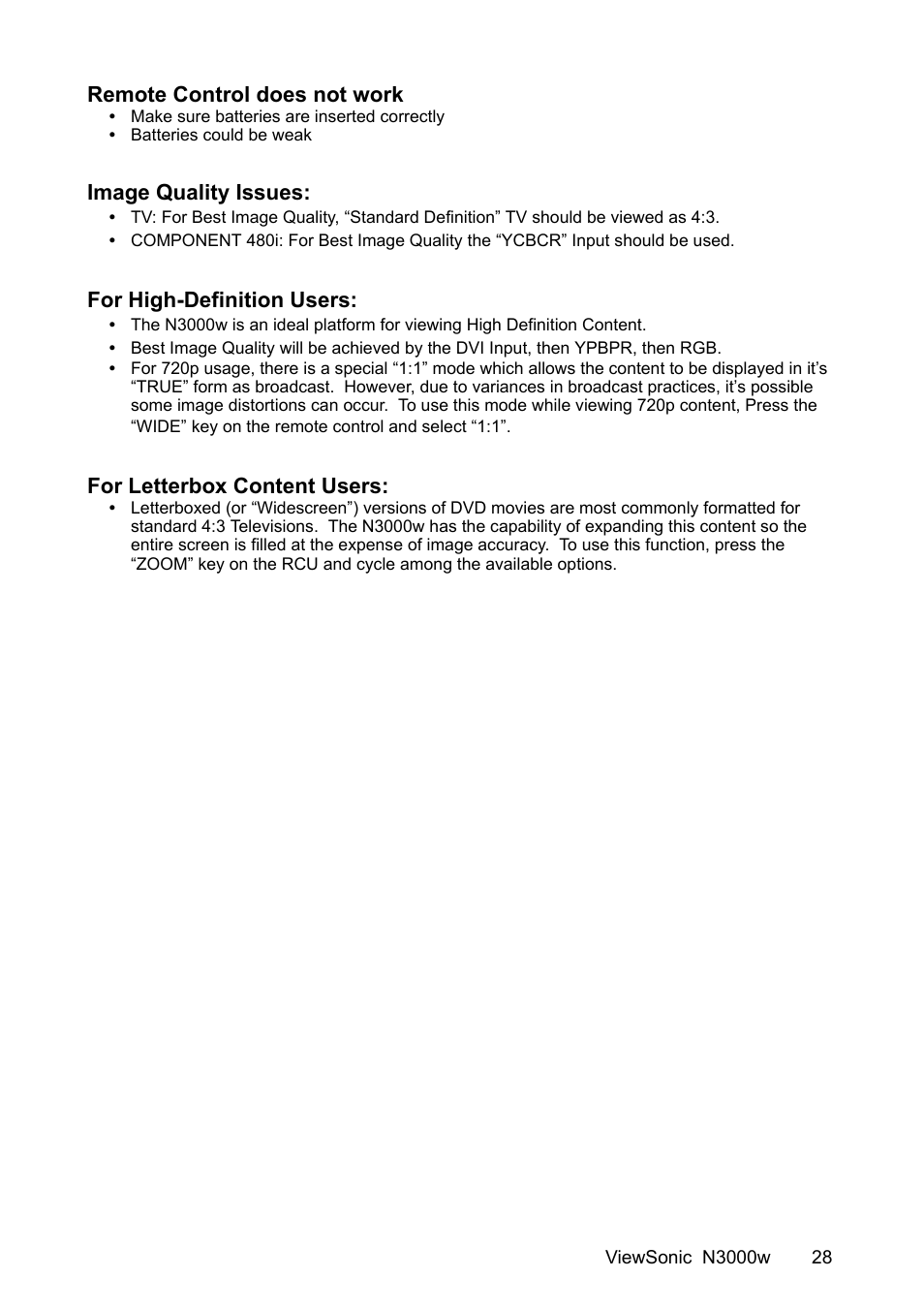 Remote control does not work, Image quality issues, For high-definition users | For letterbox content users | VIEWSONIC N3000w User Manual | Page 29 / 34