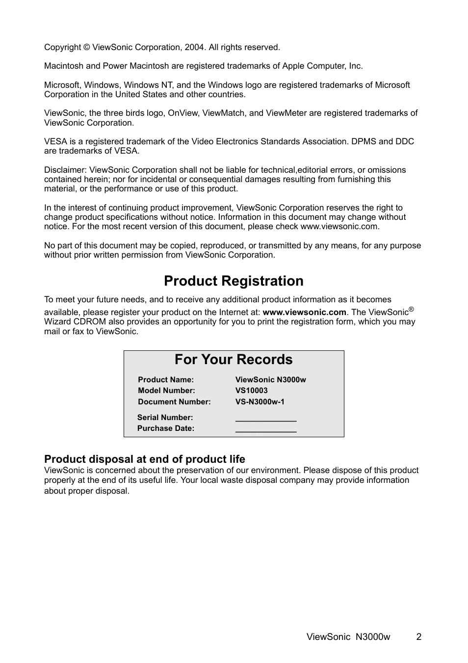 Product registration, For your records, Product disposal at end of product life | VIEWSONIC N3000w User Manual | Page 3 / 34