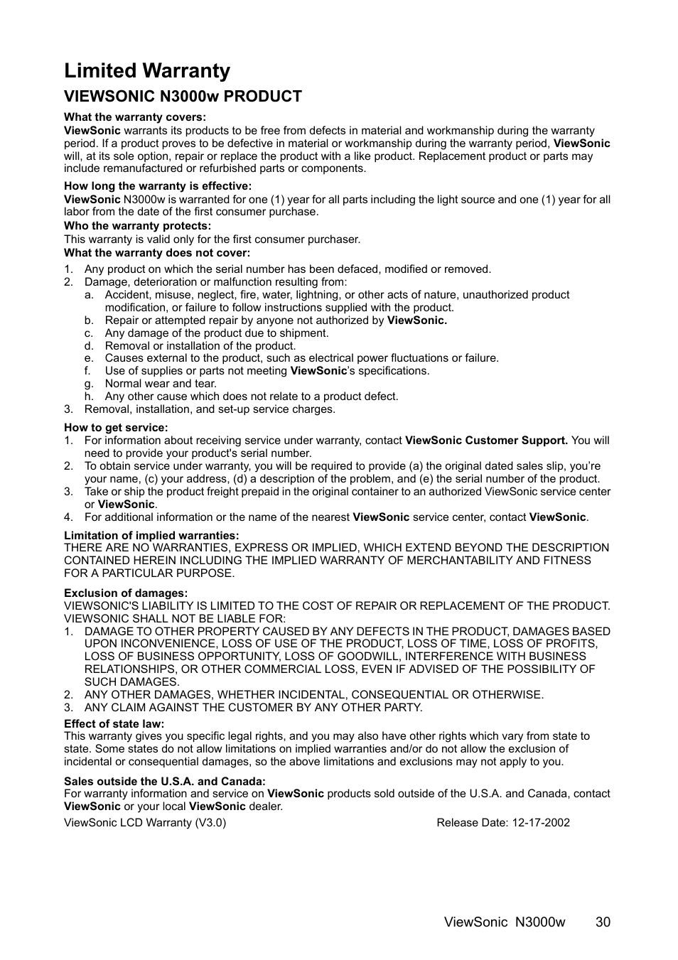 Limited warranty, Viewsonic n3000w product | VIEWSONIC N3000w User Manual | Page 31 / 34