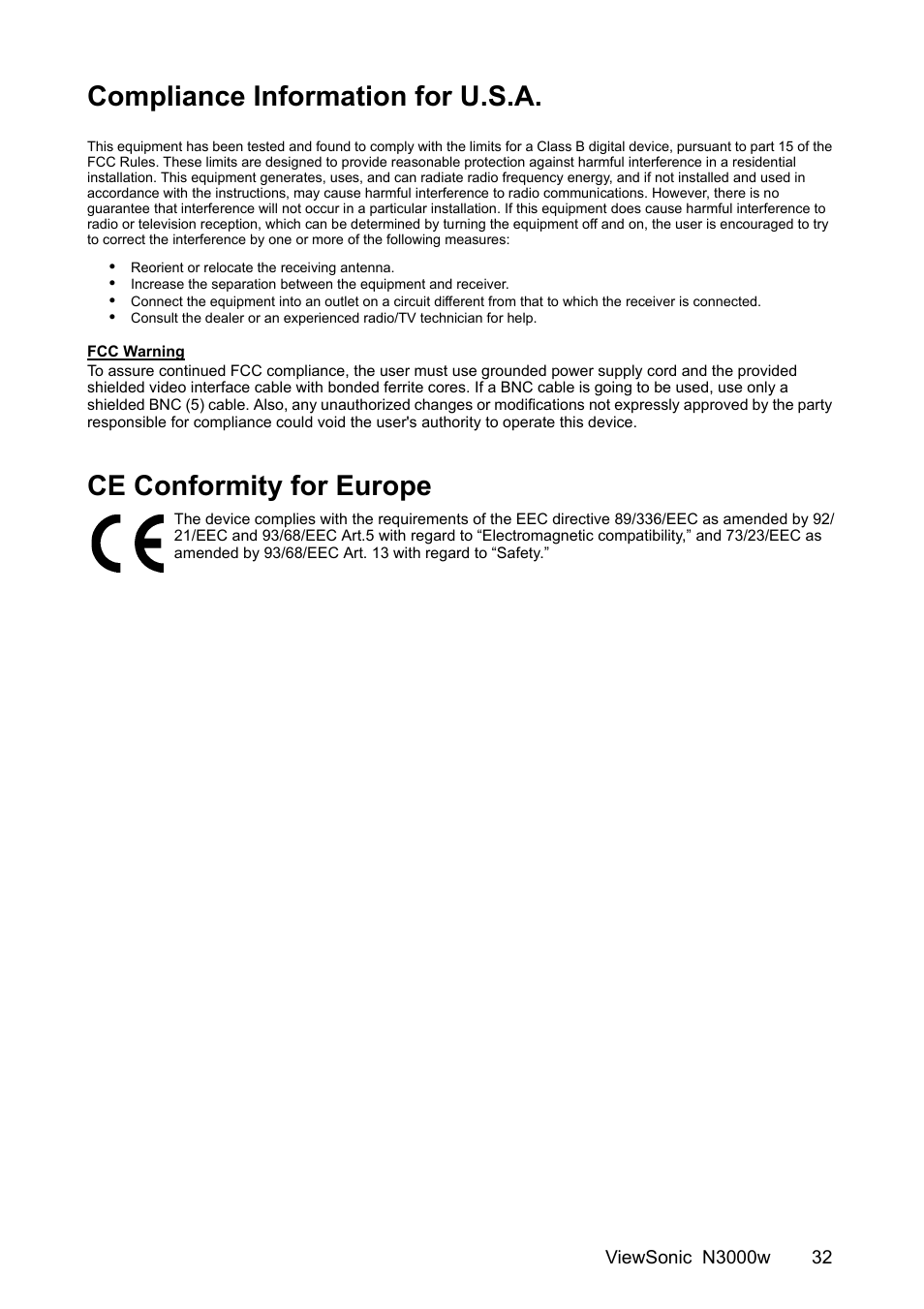 Compliance information for u.s.a, Ce conformity for europe | VIEWSONIC N3000w User Manual | Page 33 / 34
