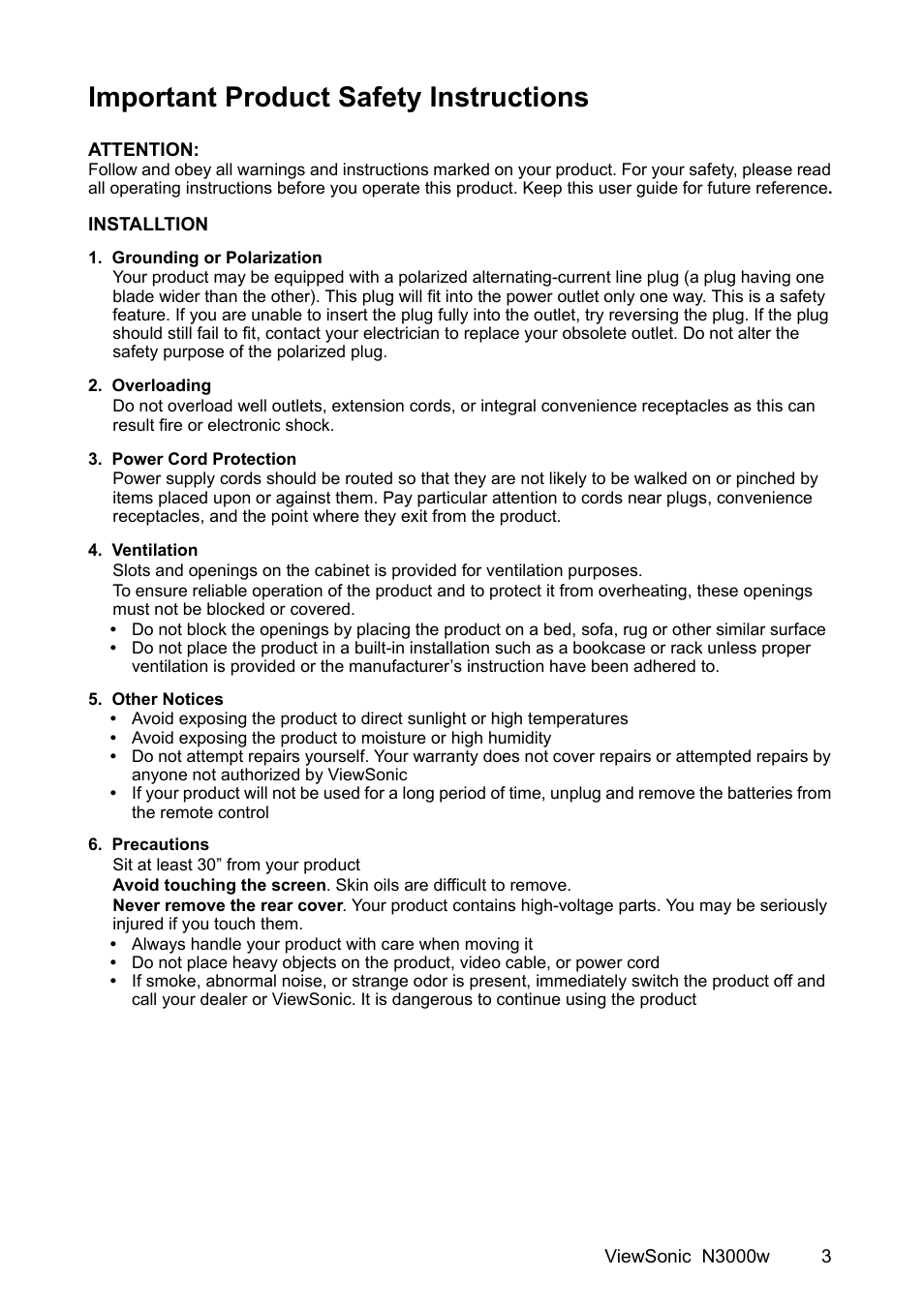 Important product safety instructions | VIEWSONIC N3000w User Manual | Page 4 / 34