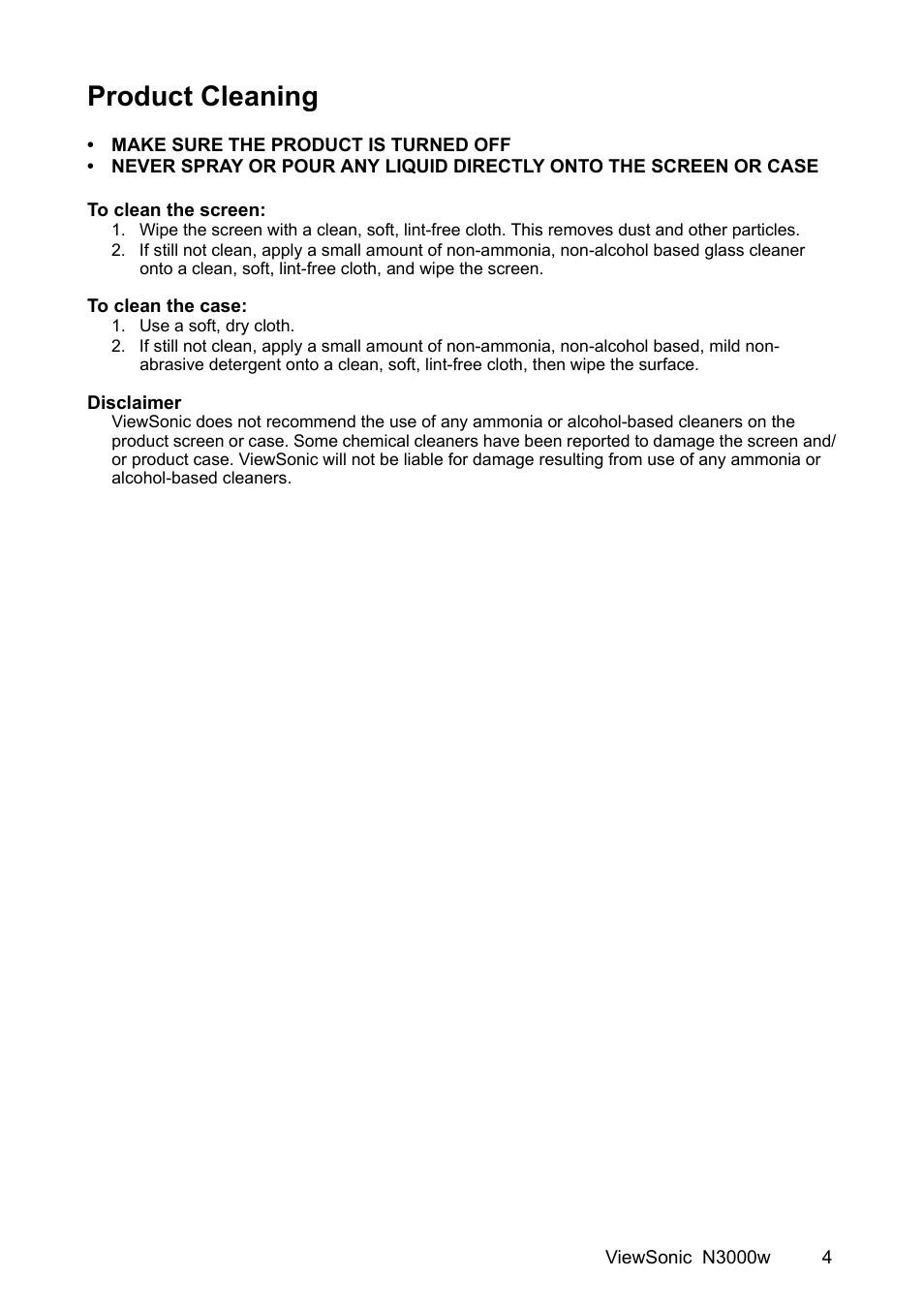 Product cleaning | VIEWSONIC N3000w User Manual | Page 5 / 34