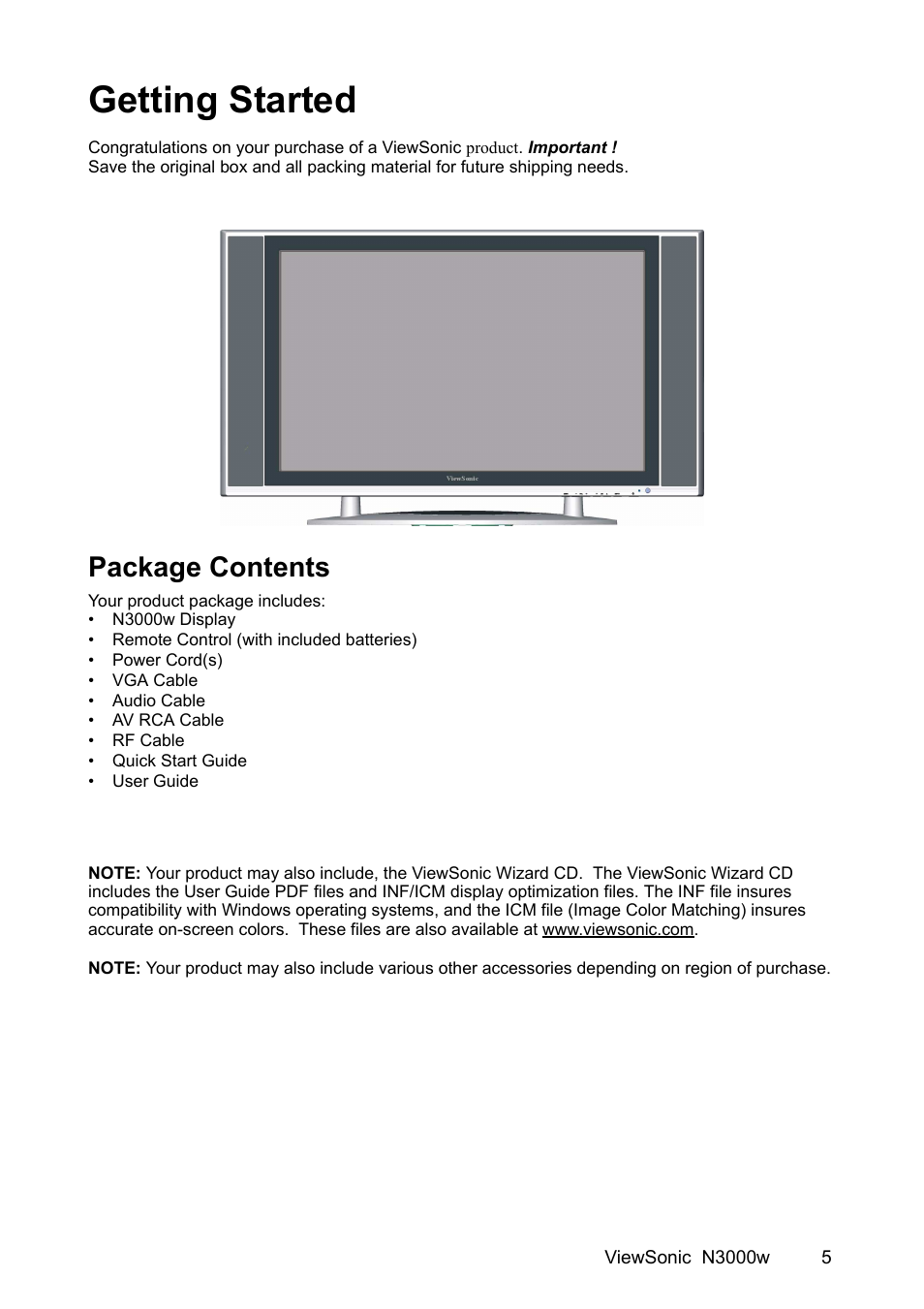 Getting started, Package contents | VIEWSONIC N3000w User Manual | Page 6 / 34