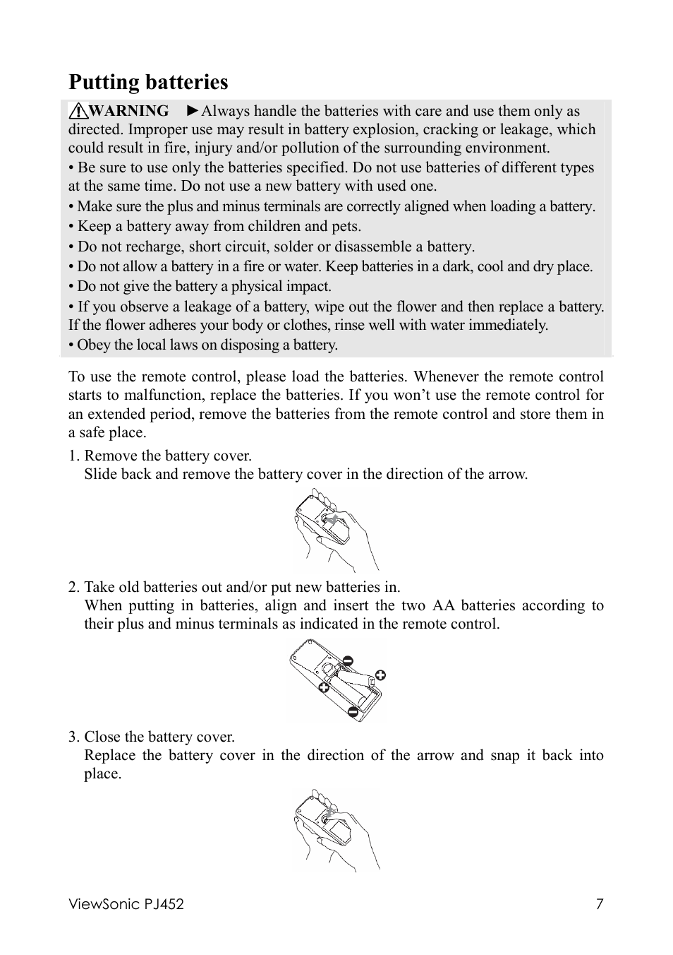 Putting batteries | VIEWSONIC PJ452 User Manual | Page 11 / 60