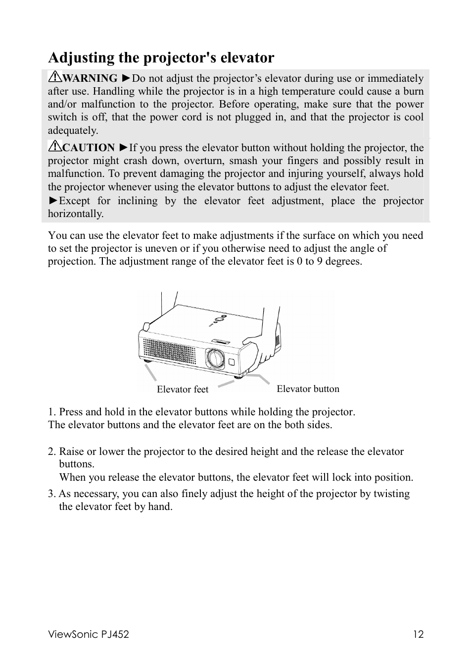 Adjusting the projector's elevator | VIEWSONIC PJ452 User Manual | Page 16 / 60