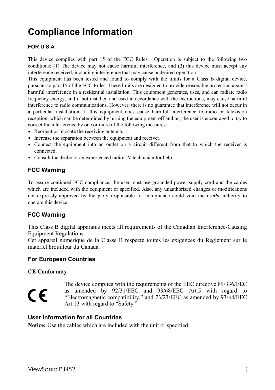 Compliance information | VIEWSONIC PJ452 User Manual | Page 2 / 60