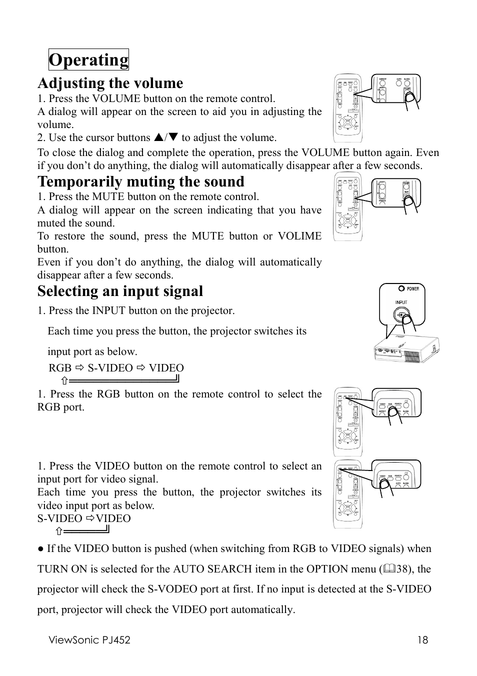 Operating, Adjusting the volume, Temporarily muting the sound | Selecting an input signal | VIEWSONIC PJ452 User Manual | Page 22 / 60