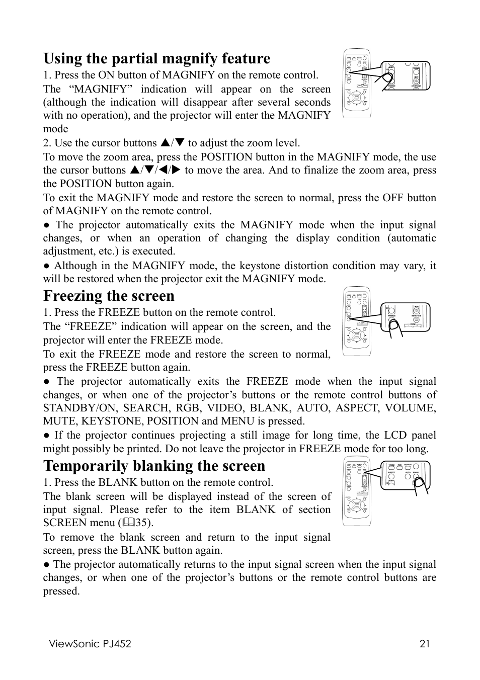 Using the partial magnify feature, Freezing the screen, Temporarily blanking the screen | VIEWSONIC PJ452 User Manual | Page 25 / 60