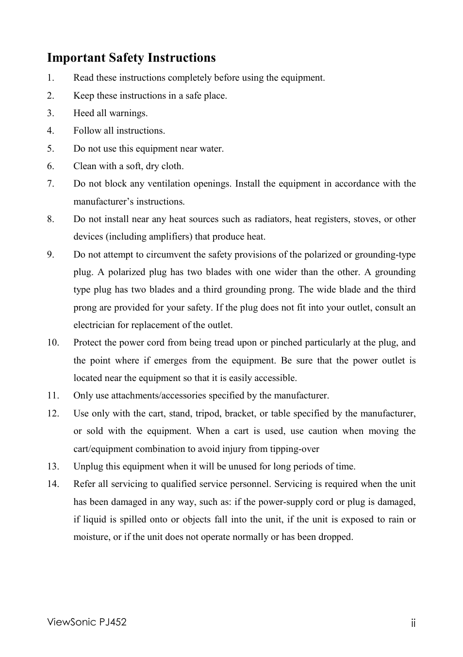 Important safety instructions | VIEWSONIC PJ452 User Manual | Page 3 / 60