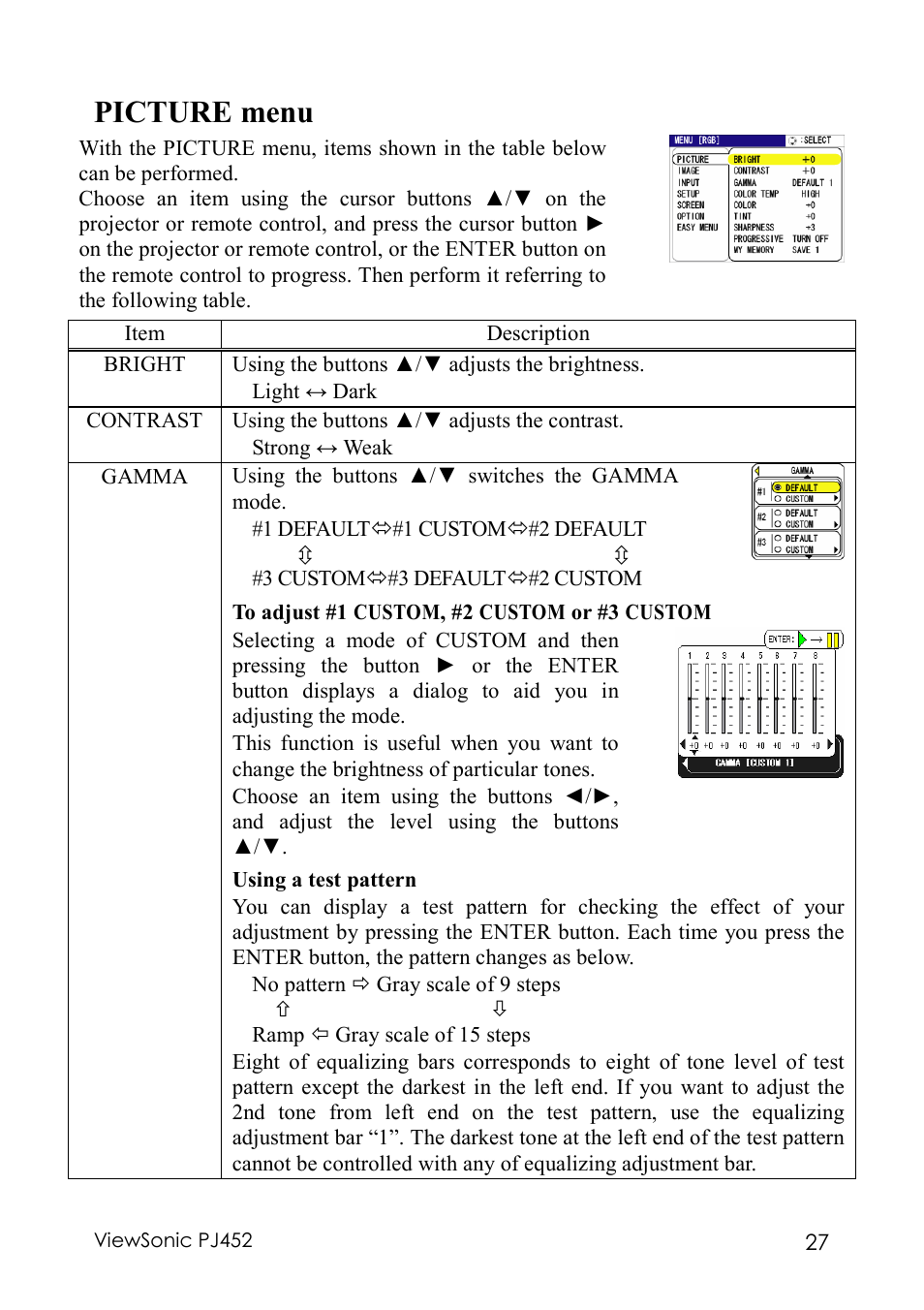 Picture menu | VIEWSONIC PJ452 User Manual | Page 31 / 60