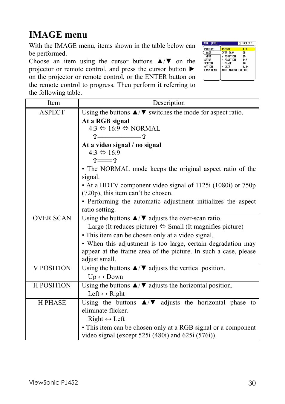 Image menu | VIEWSONIC PJ452 User Manual | Page 34 / 60