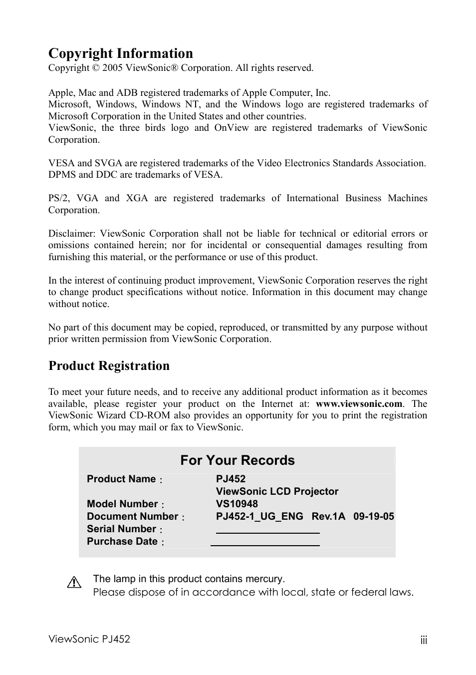 Copyright information, Product registration, For your records | VIEWSONIC PJ452 User Manual | Page 4 / 60