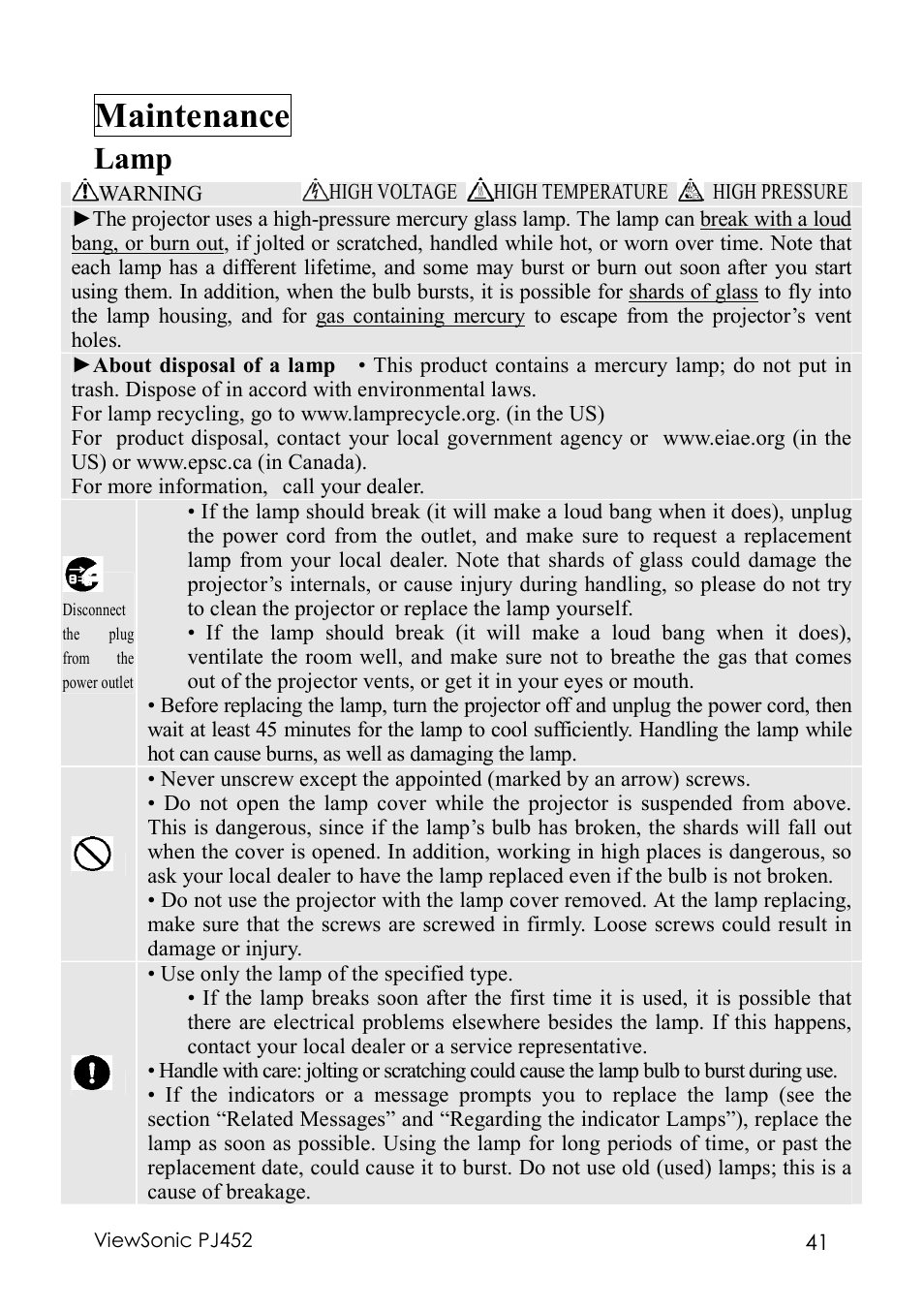 Maintenance, Lamp | VIEWSONIC PJ452 User Manual | Page 45 / 60