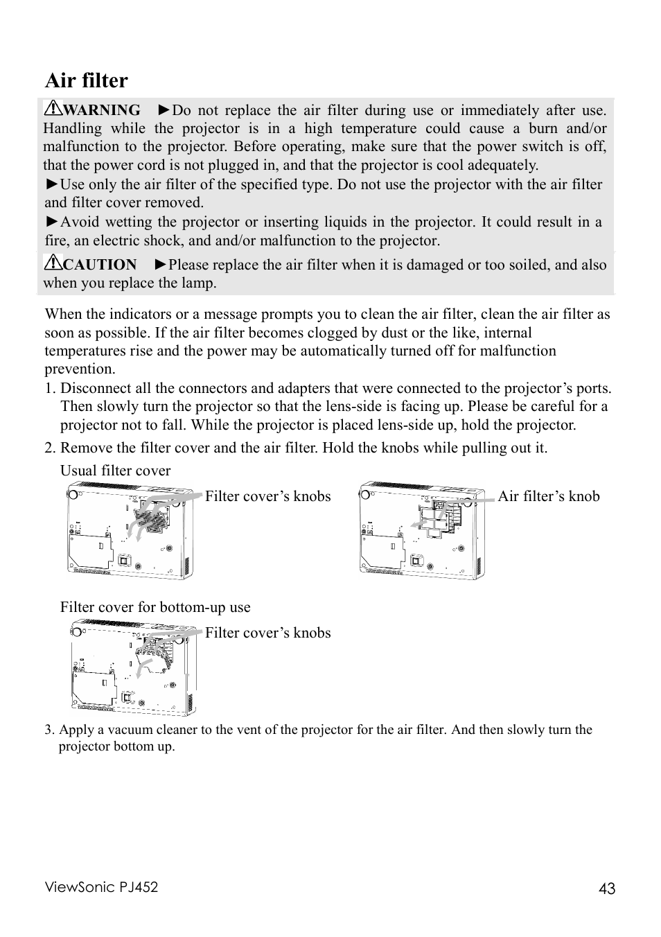 Air filter | VIEWSONIC PJ452 User Manual | Page 47 / 60