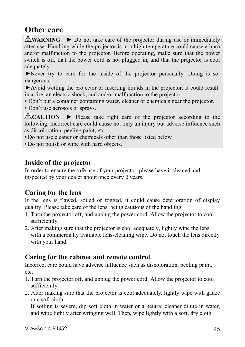 Other care, Inside of the projector, Caring for the lens | Caring for the cabinet and remote control | VIEWSONIC PJ452 User Manual | Page 49 / 60