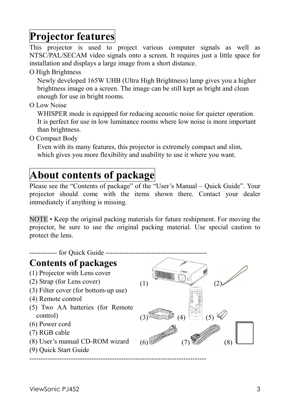 Projector features, About contents of package, Contents of packages | VIEWSONIC PJ452 User Manual | Page 7 / 60