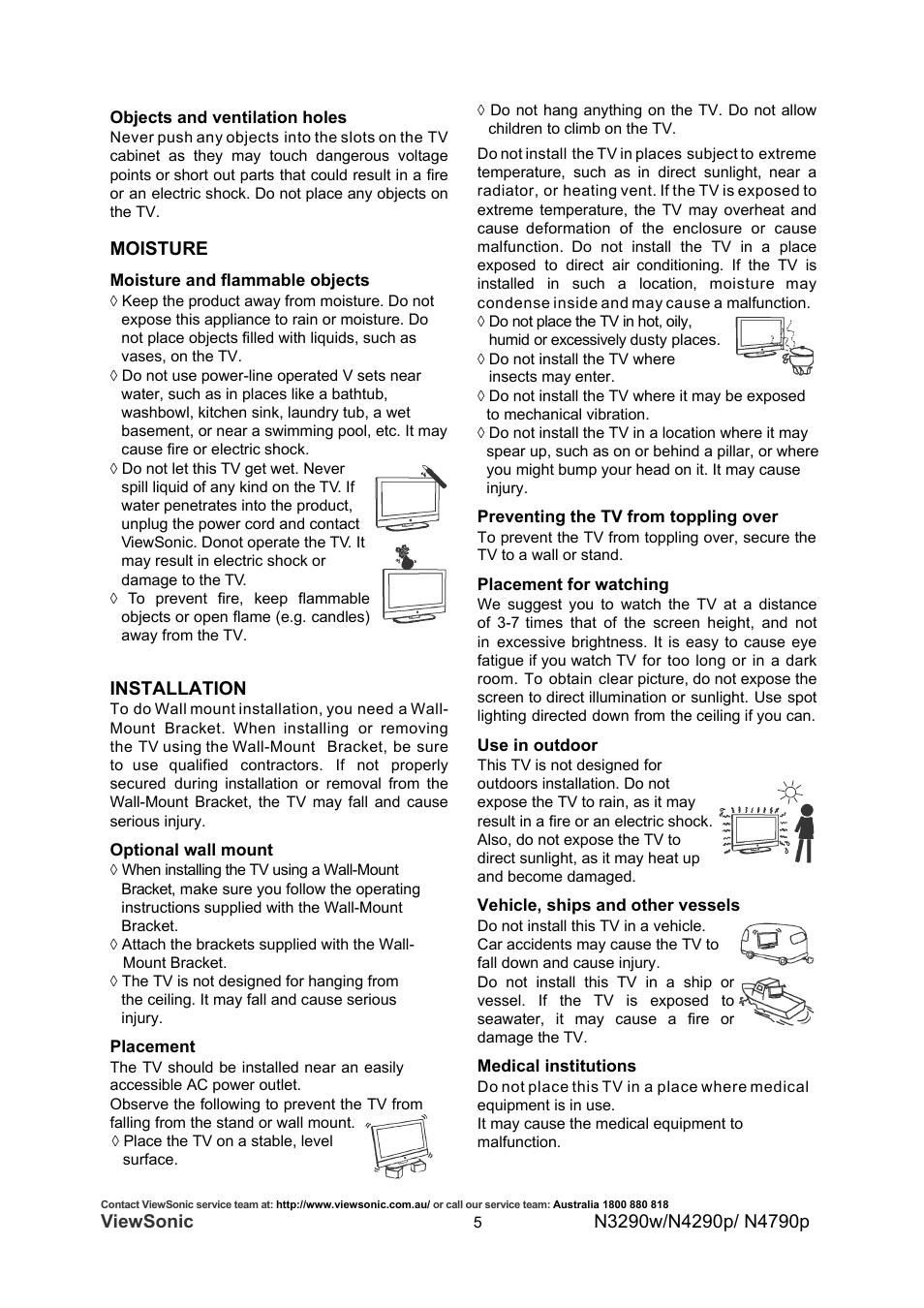 Viewsonic, Moisture, Installation | VIEWSONIC VS12280-1A User Manual | Page 10 / 43